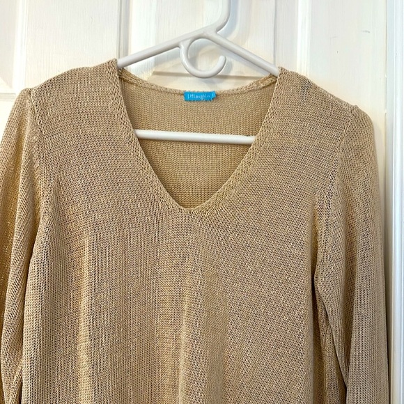 Women’s J. McLaughlin Callum V-neck Mesh Knit Tan Cotton Blend Sweater Size M - Picture 2 of 8